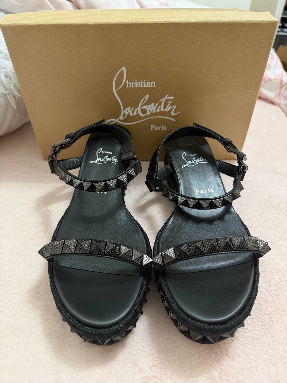 Christian Louboutin Pyraclou 60 black studded wedge sandals size 40